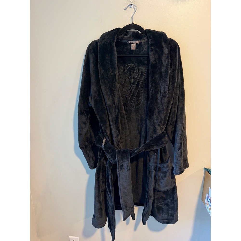Victoria's Secret Black Plush Fleece Robe Embroidered VS Logo M/L